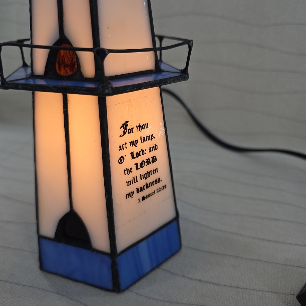 Tiffany Style Stained Glass Nautical Lighthouse Electrical Lamp with Bible Verse - Picture 2 of 11